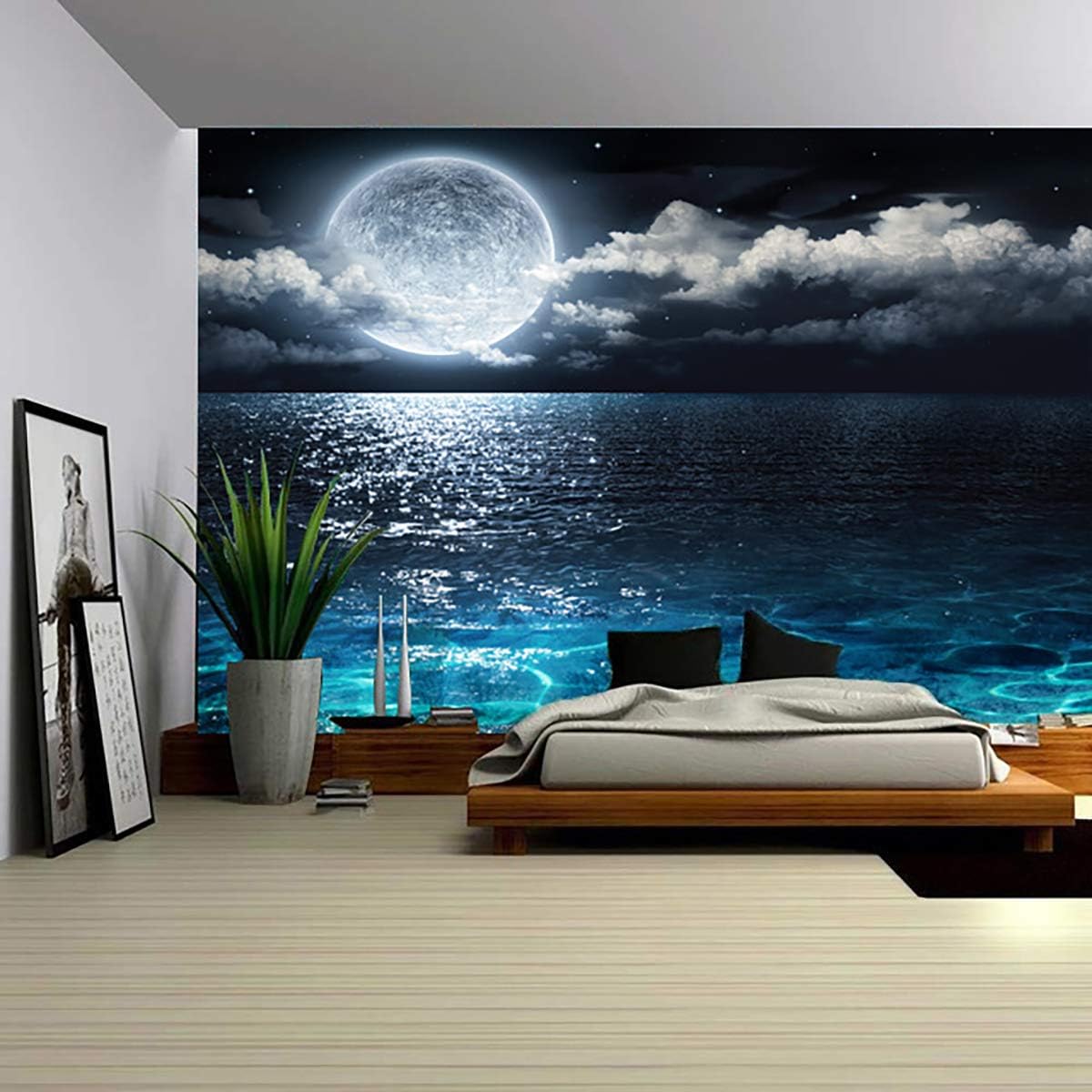 Tapestry Wall Hanging 3D Retro Blue Sea Moon Tapestries Summer Night Sky Blanket Cool Scenic Landscape Tabl…