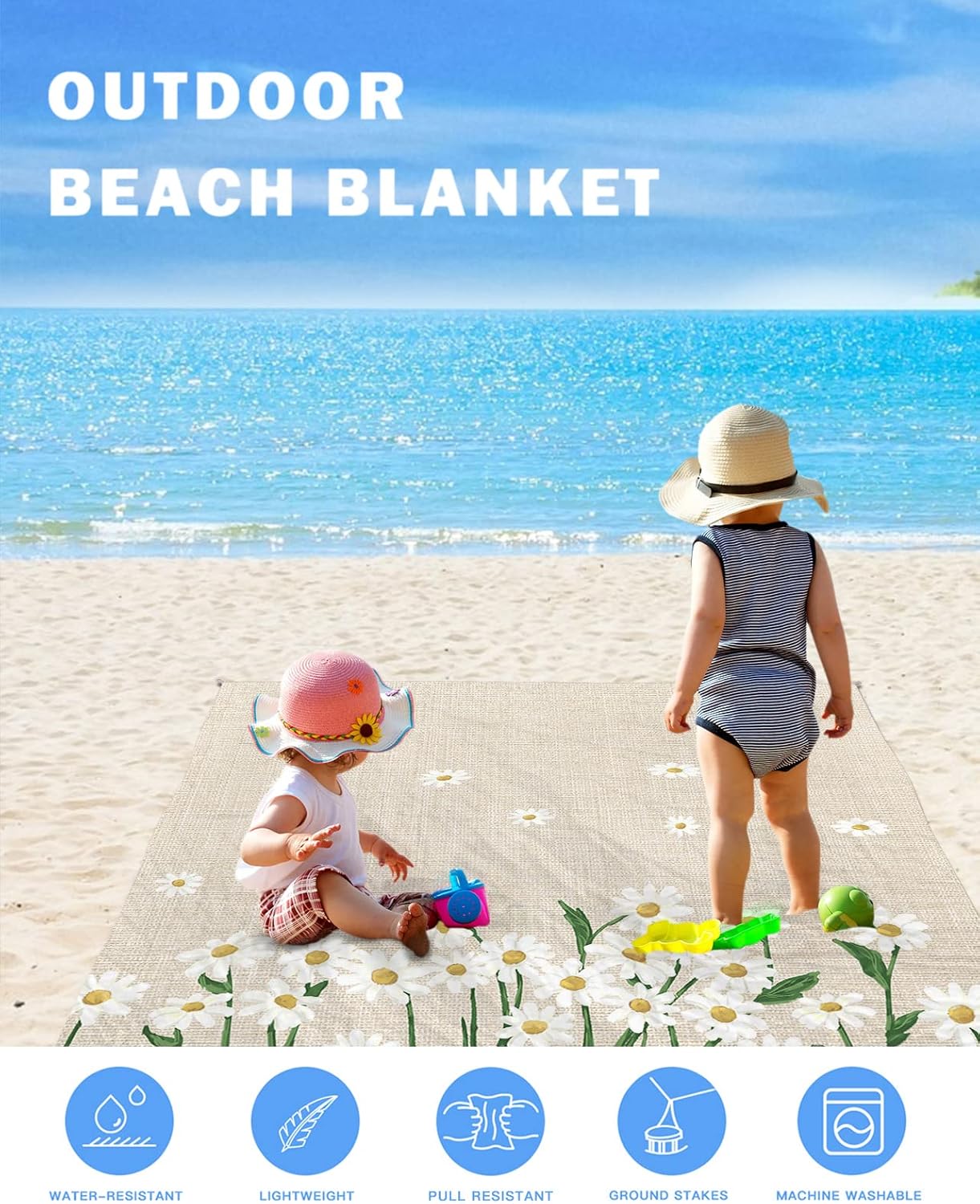 Beach Blanket, Vintage Spring White Daisy Flowers Sandproof Beach Mat 118"x108" Outdoor Picnic Blankets Farm Garden Plant Portable Picnic Mats for Vacation, Travel, Camping, Hiking