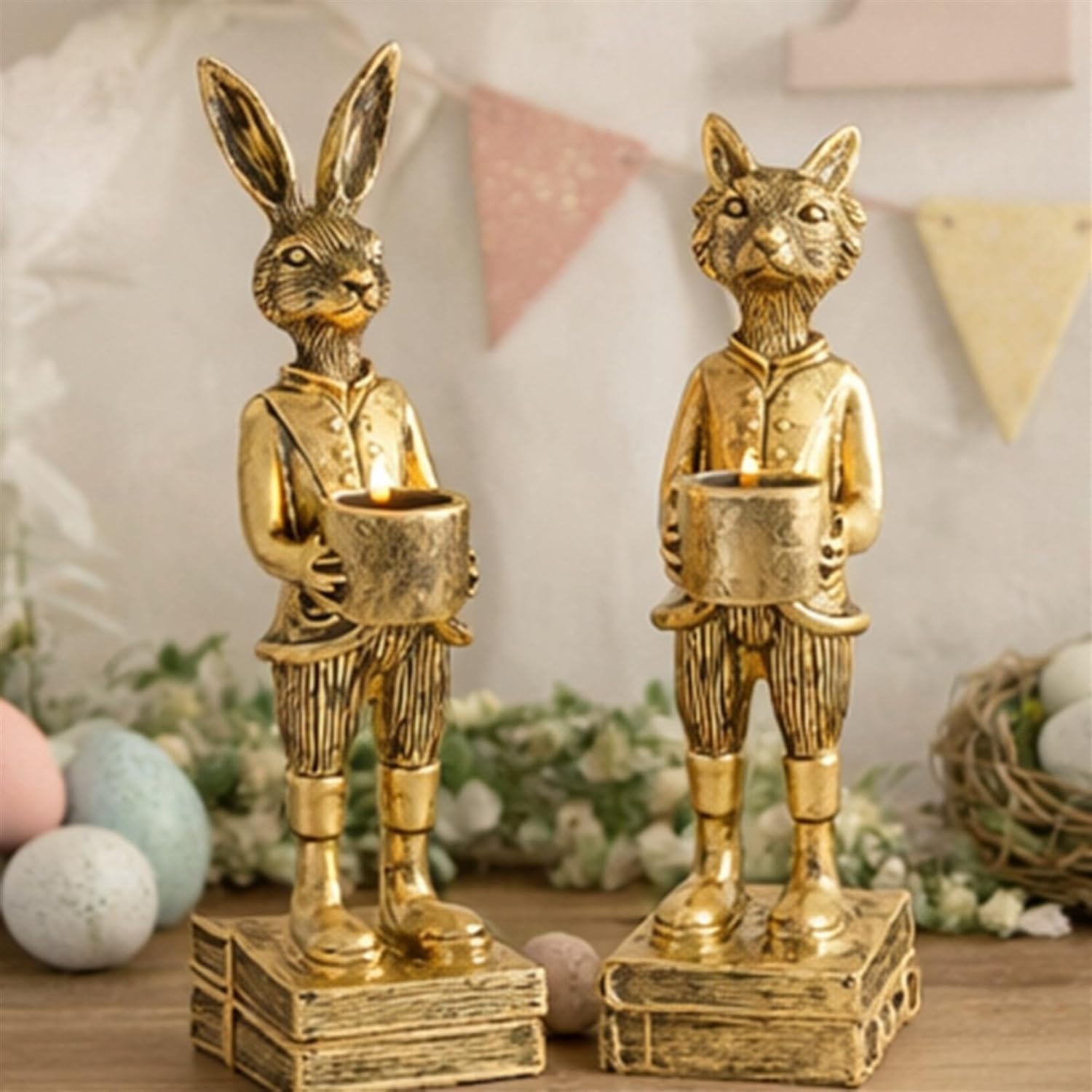 American Art Decor Gold Animal Candle Holder Statues Set of 2 – Vintage Rabbit &…