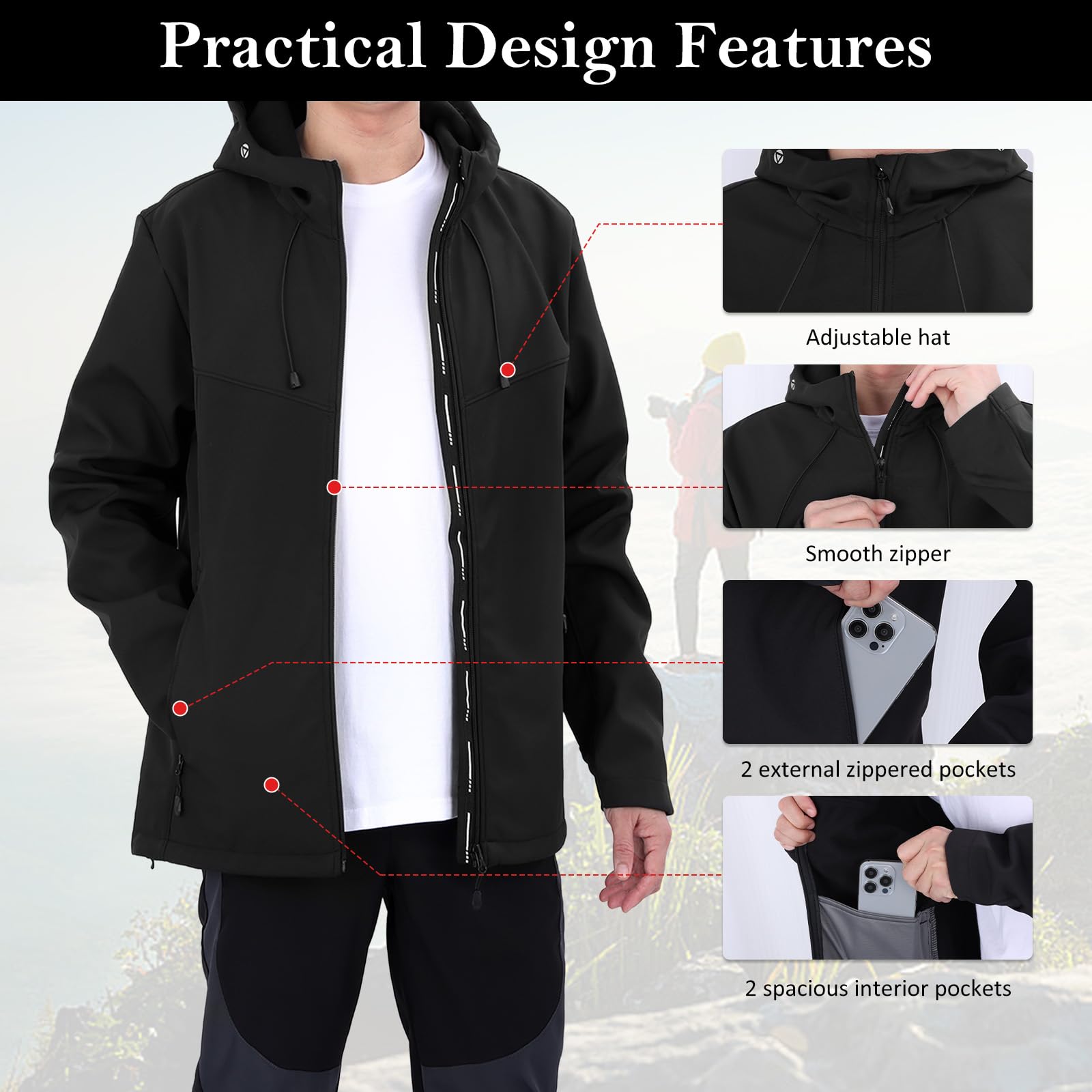 Giacca Foderata in Pile Softshell Caldo da Uomo Giacca con Cappuccio Resistente all'acqua all'aperto Giacca a Vento Casual per Passeggiate Escursionismo Campeggio