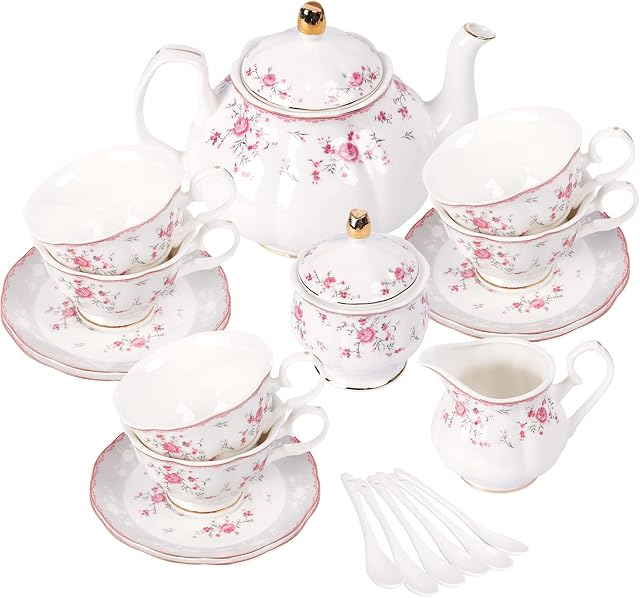 fanquare 21 Pieces Pink Rose Porcelain Tea Set with Spoons, Cute Tea Party Set for 6, Afternoon Tea Service for Adults