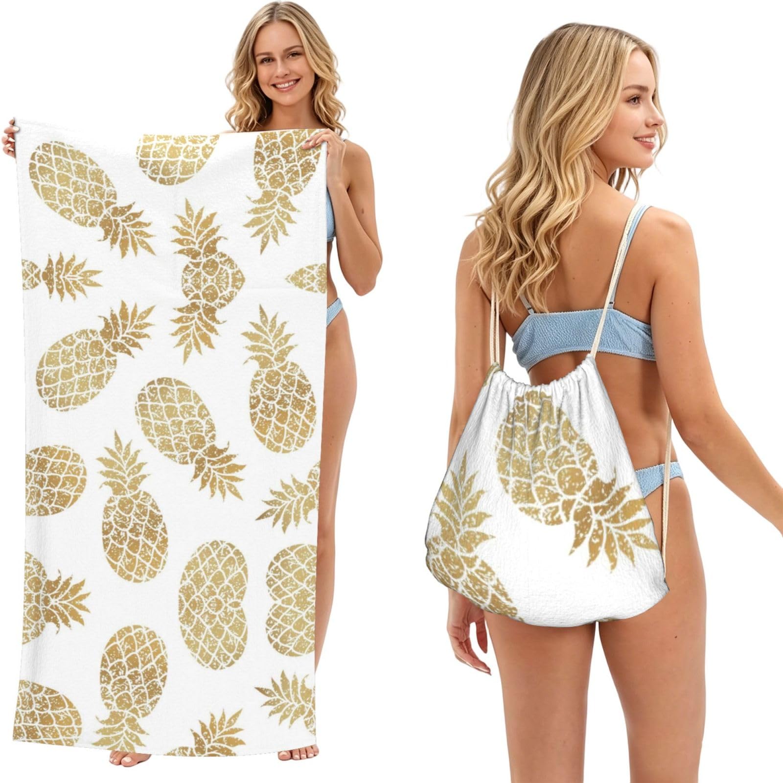 SATUSA Golden Pineapple Background Print 2-In-1 Foldable Beach Towel Backpack â€“ Camping, Yoga And Travel,Bath Towel With Built-In Storage, Convertible Beach Mat & Carry Bag