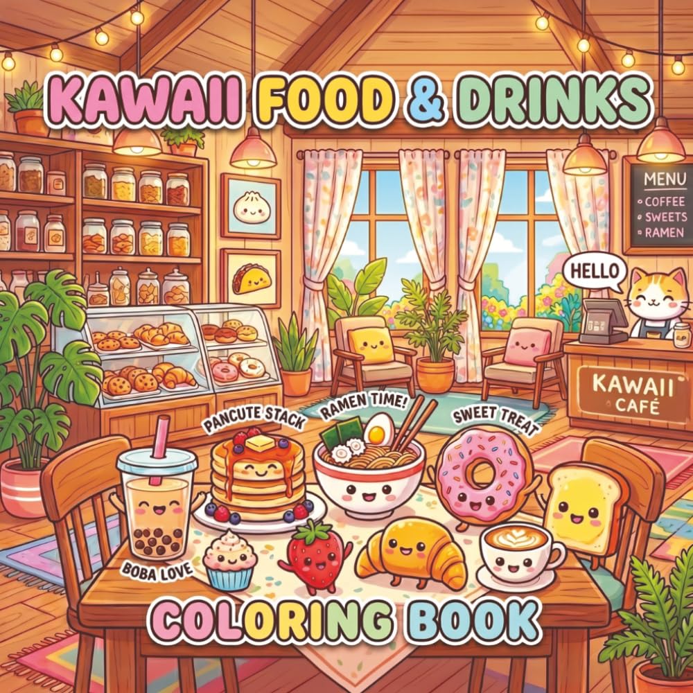 Kawaii Food & Drinks Coloring Book: Cute Cozy Snacks, Sweet Treats & Happy Café Moments for Relaxation and Stress Relief | Adorable Medium-Detail Coloring Pages for Adults and Teens