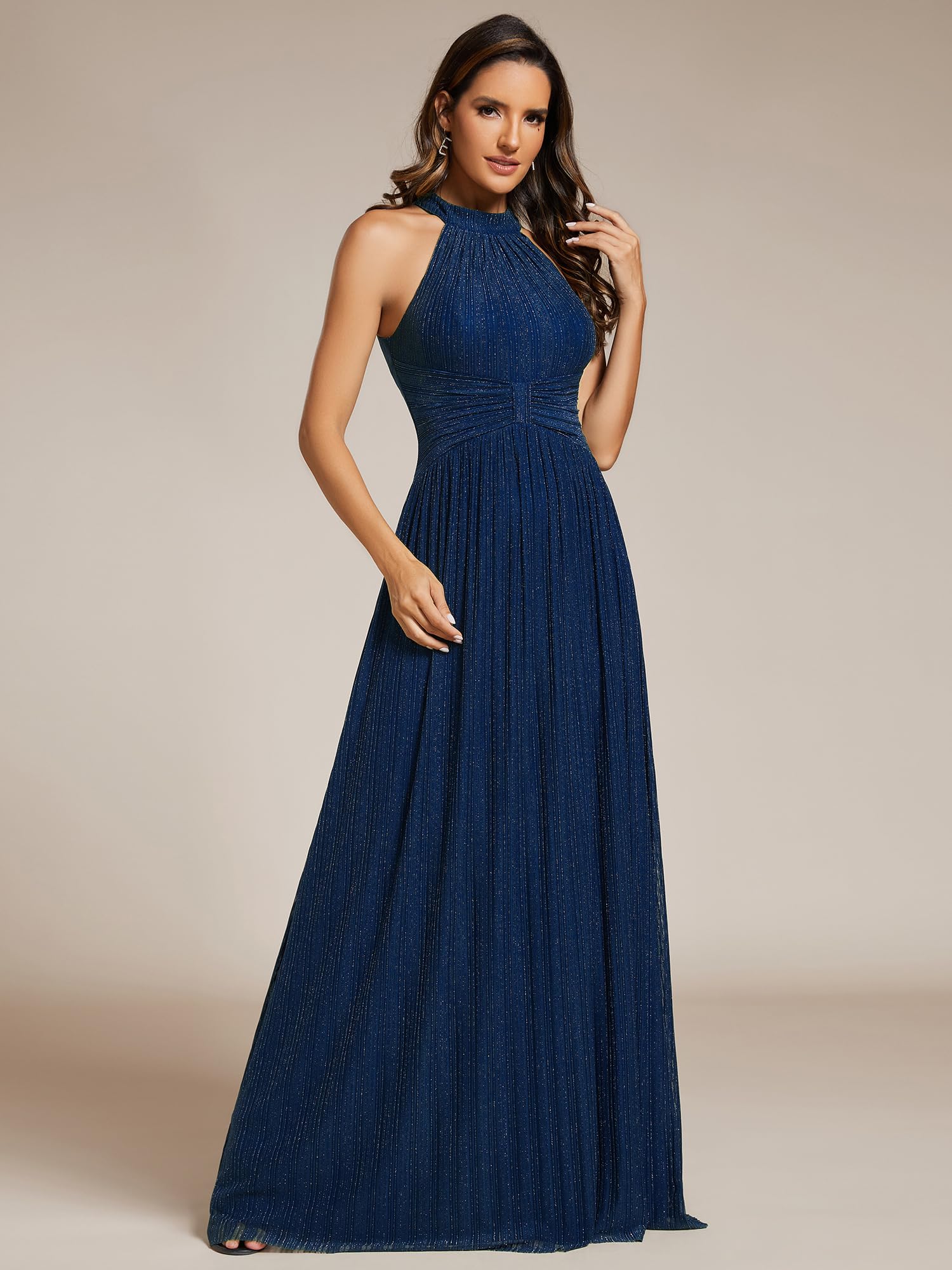 Ever-Pretty Robe de Soiree Femme Longue Épaules Dénudée Plissé sans Manches Taille Empire Scintillante EE41961