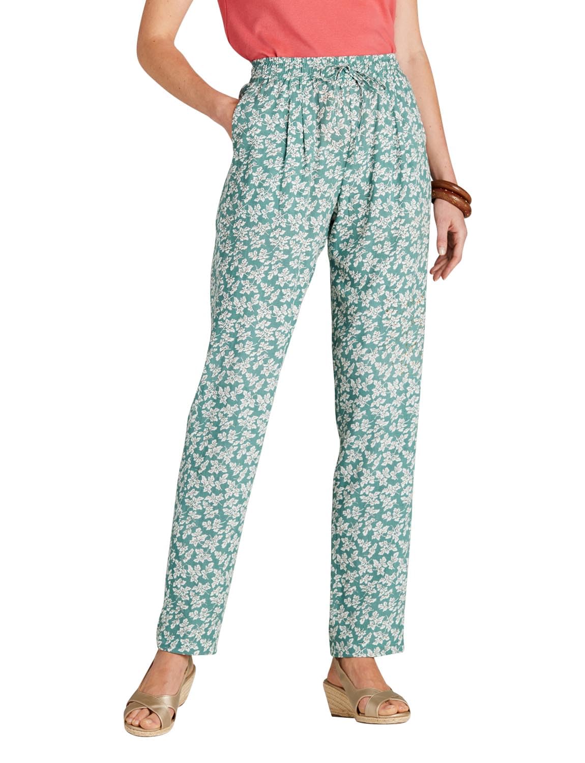 Amber Ladies Viscose Print Trousers with Elasticated Drawcord Waist Khaki 10