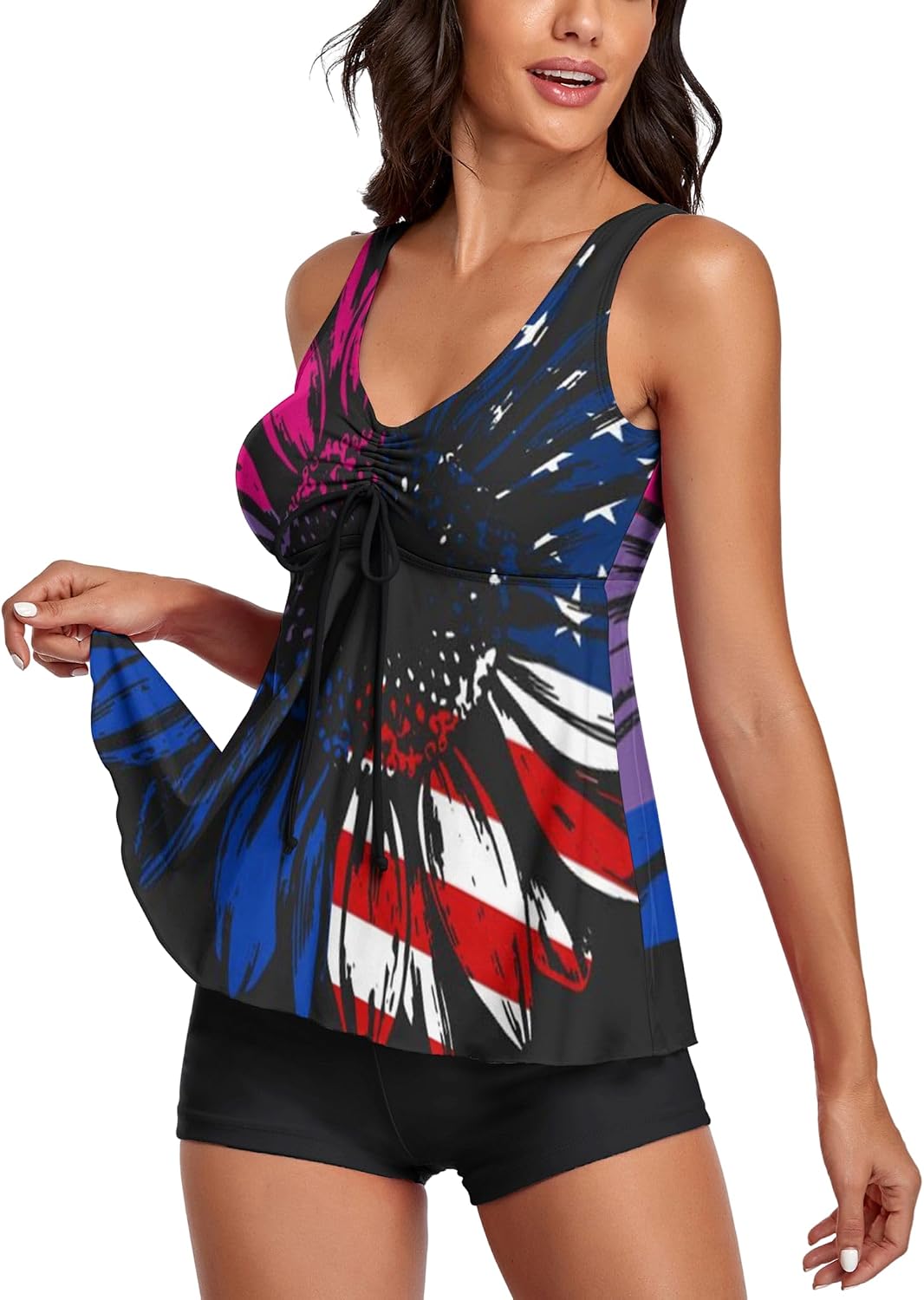 Omichic Modest Tankini Swimsuits for Women Two Piece Bathing Suits Floral Print Tank Top with Boyshorts