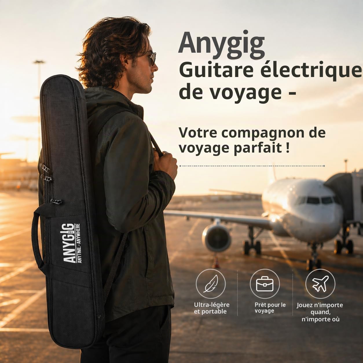 Guitare électrique de voyage, headless – portable, ultra-légère, diapason complet 25,5", palissandre, humbucker lumineux, housse de transport, supports amovibles, Noir