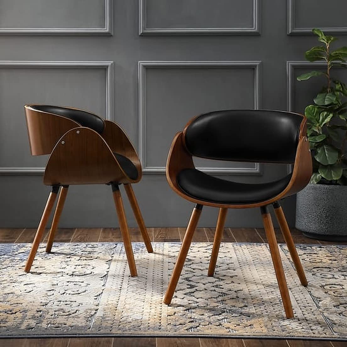 My Art Design - 2 Chairs Mid Century Modern Accent Chair Wooden Arms Dinning Chair Walnut Finish Wood Finish Bonded Leather Cushion Seat for Living Room Hotel Cafe Restaurant Office (2)-image-37