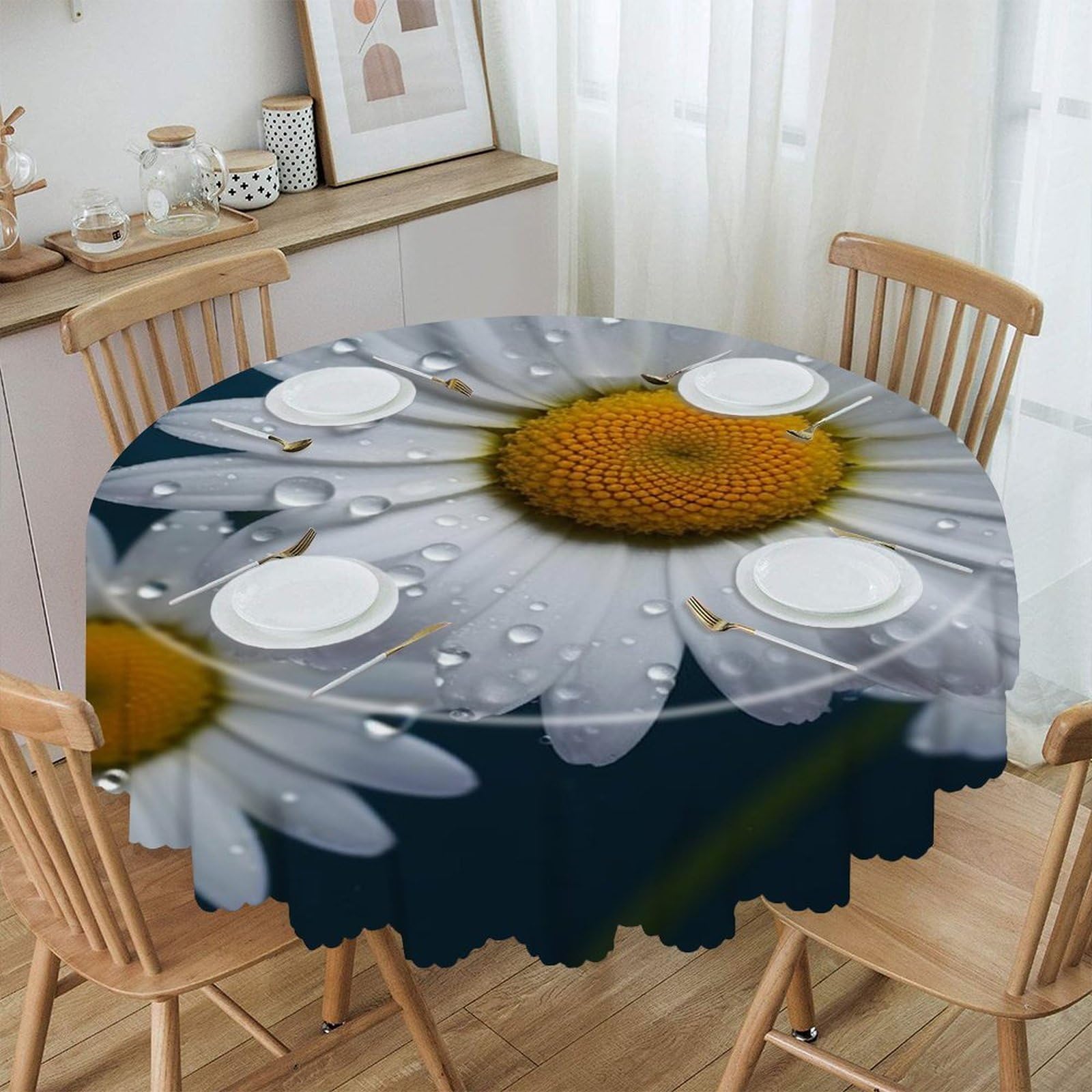 Btcowzrv Style Daisy Flowers Polyester Round Tablecloth 59.84 Inch, Decorative Washable Table Cover, Table Cloth For Restaurant Picnic Indoor And Outdoor Dining
