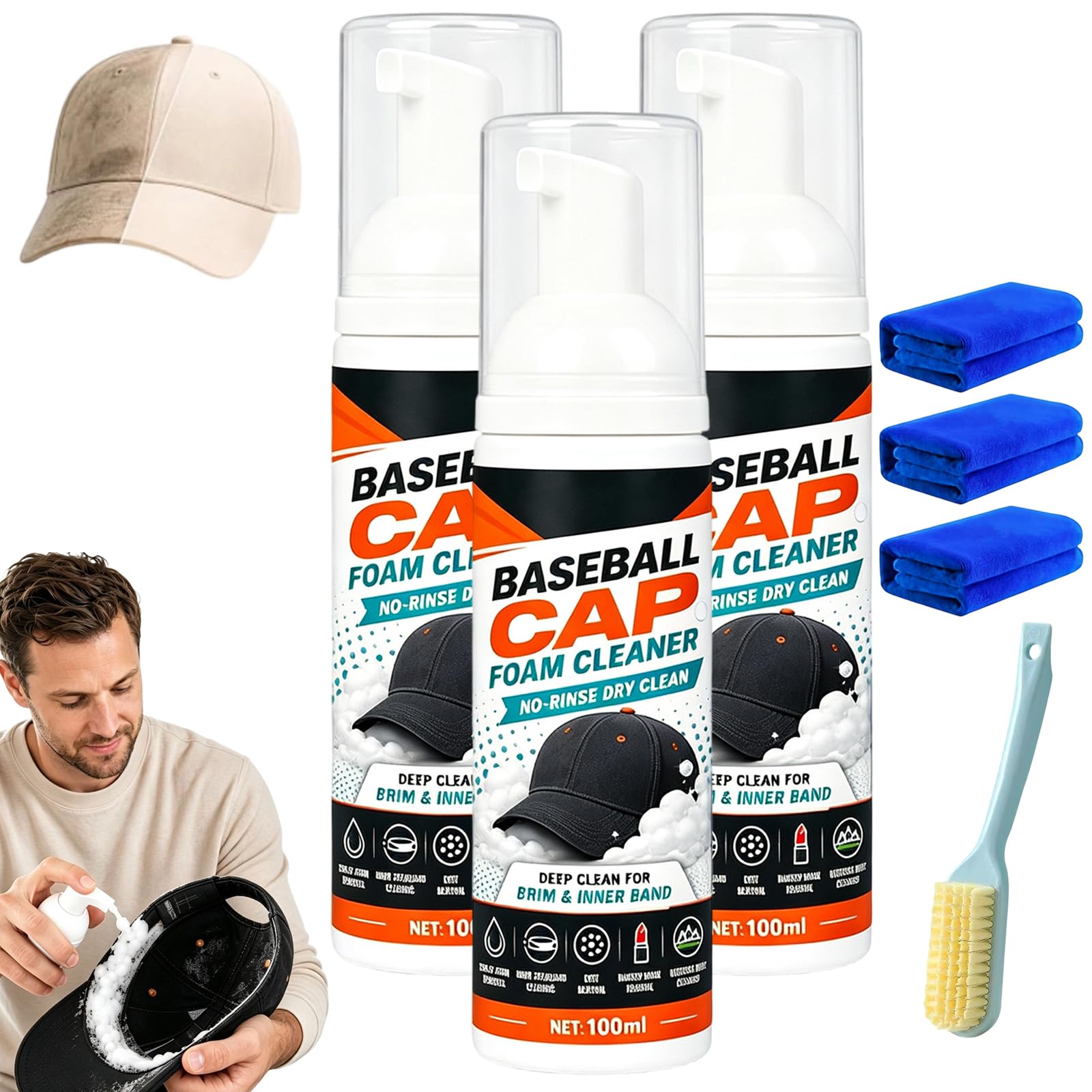 Limpiador de Espuma para Gorras de Béisbol sin Enjuague (3pc)