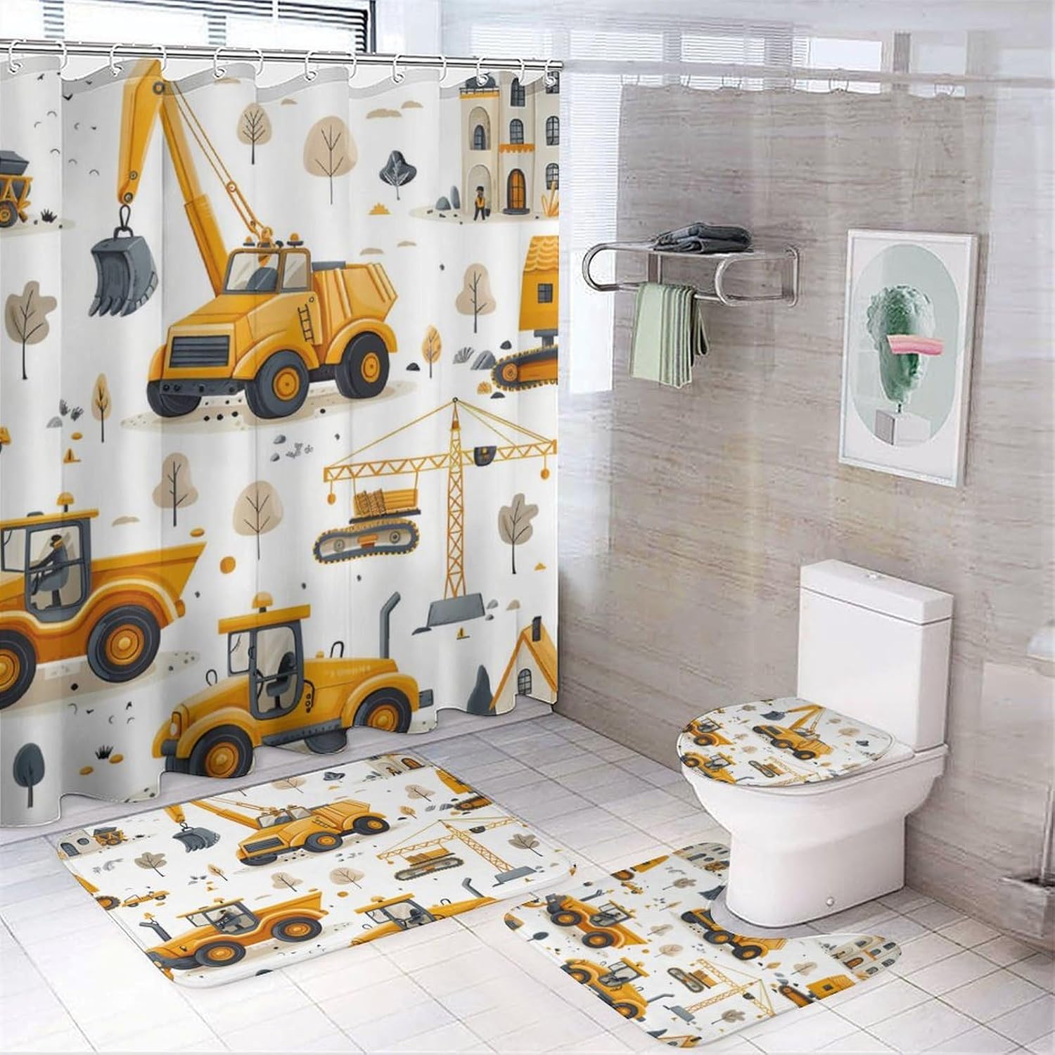 4Pcs Cartoon Excavator Vehicle Shower Curtain, Construction Truck Crane Shower Curtain Sets with Toilet Lid Cover, U-Shaped Mat and Non-Slip Rugs, Bathroom Decor Set, 72" x 72"