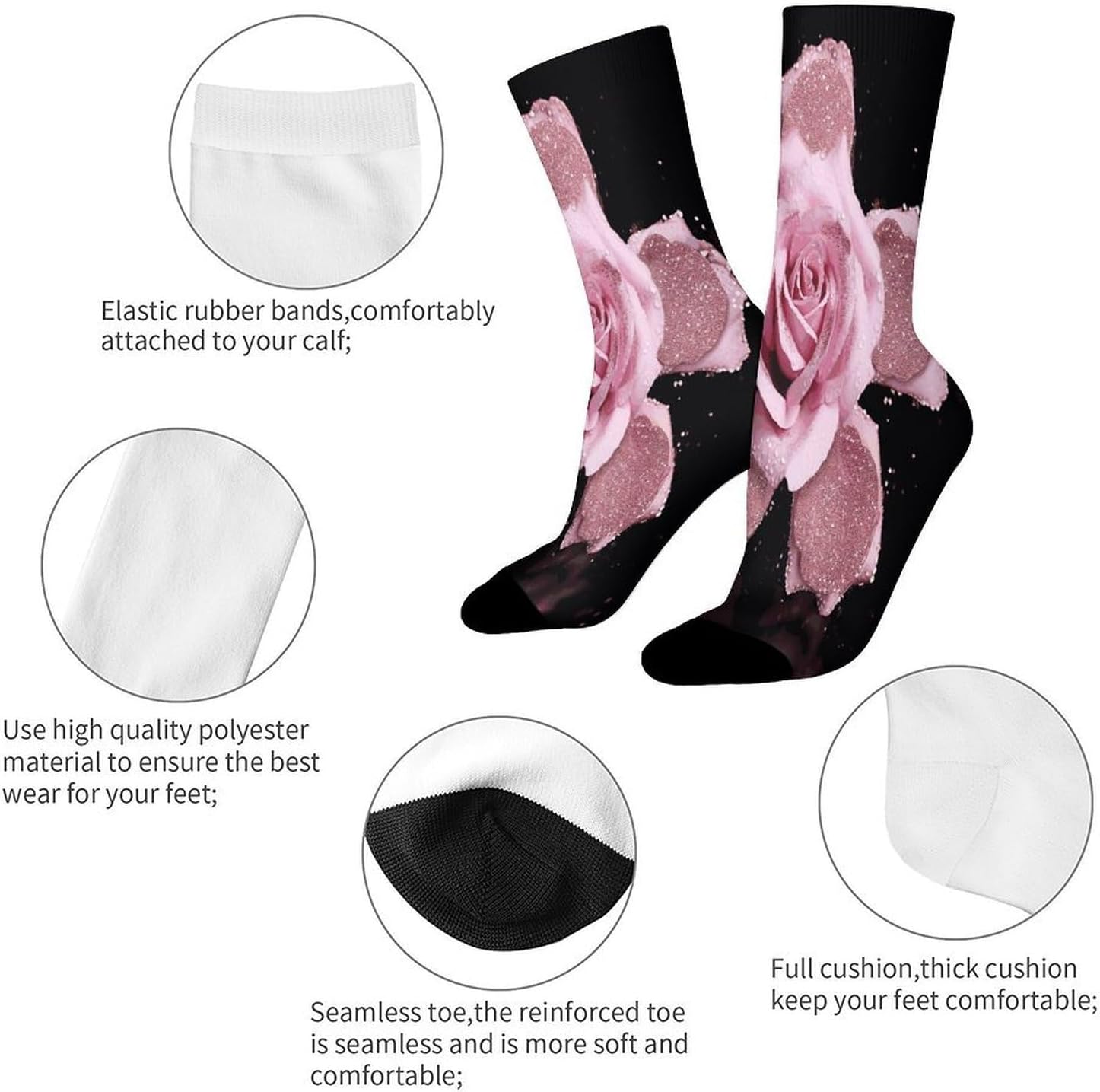 Glitter Pink Rose Crew Sock High Stocking Grippy Socks | Socks for Men & Women,Stockings-Long Thin Tube Sports, Breathable Soft Athletic for Nurses,Travel