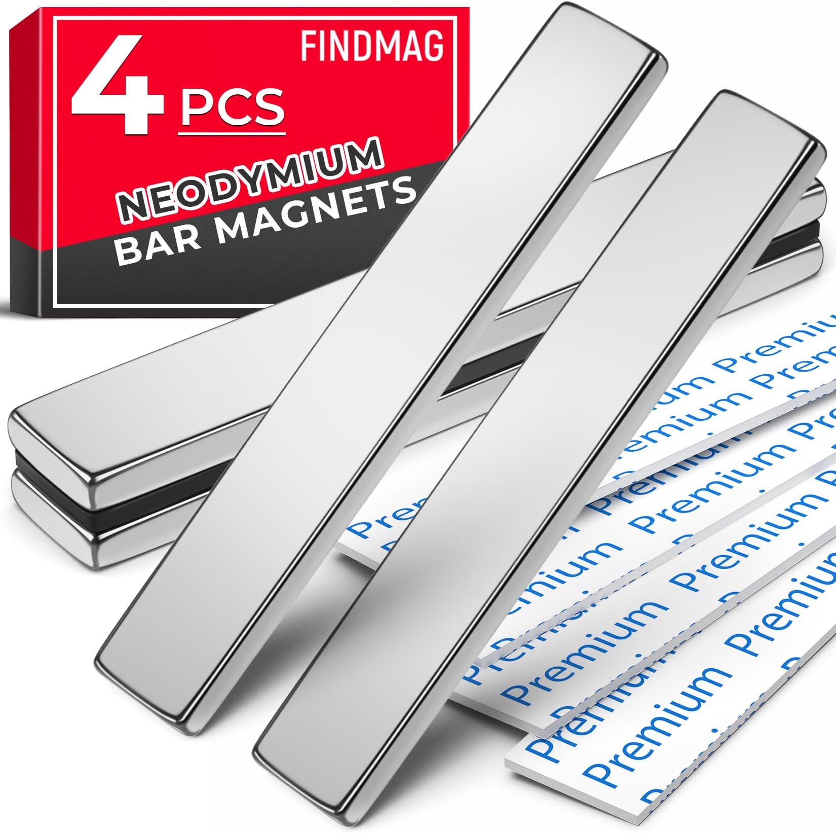 FINDMAG Strong Magnet, 4 Pack 60 x 10 x 3 mm Neodymium Magnets, Magnetic Strips, Bar Magnet, Permanent Rare Earth Magnets with Double-Sided Adhesive, Bar for Fridge Crafts, Tools, Wall, Board