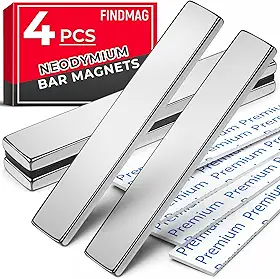 FINDMAG Conjunto de 4 Ímãs de Barra, Ímãs de Terras Raras Resistentes, Ímãs de Neodímio Fortes com Adesivo Dupla Face - 60 X 10 X 3 Mm