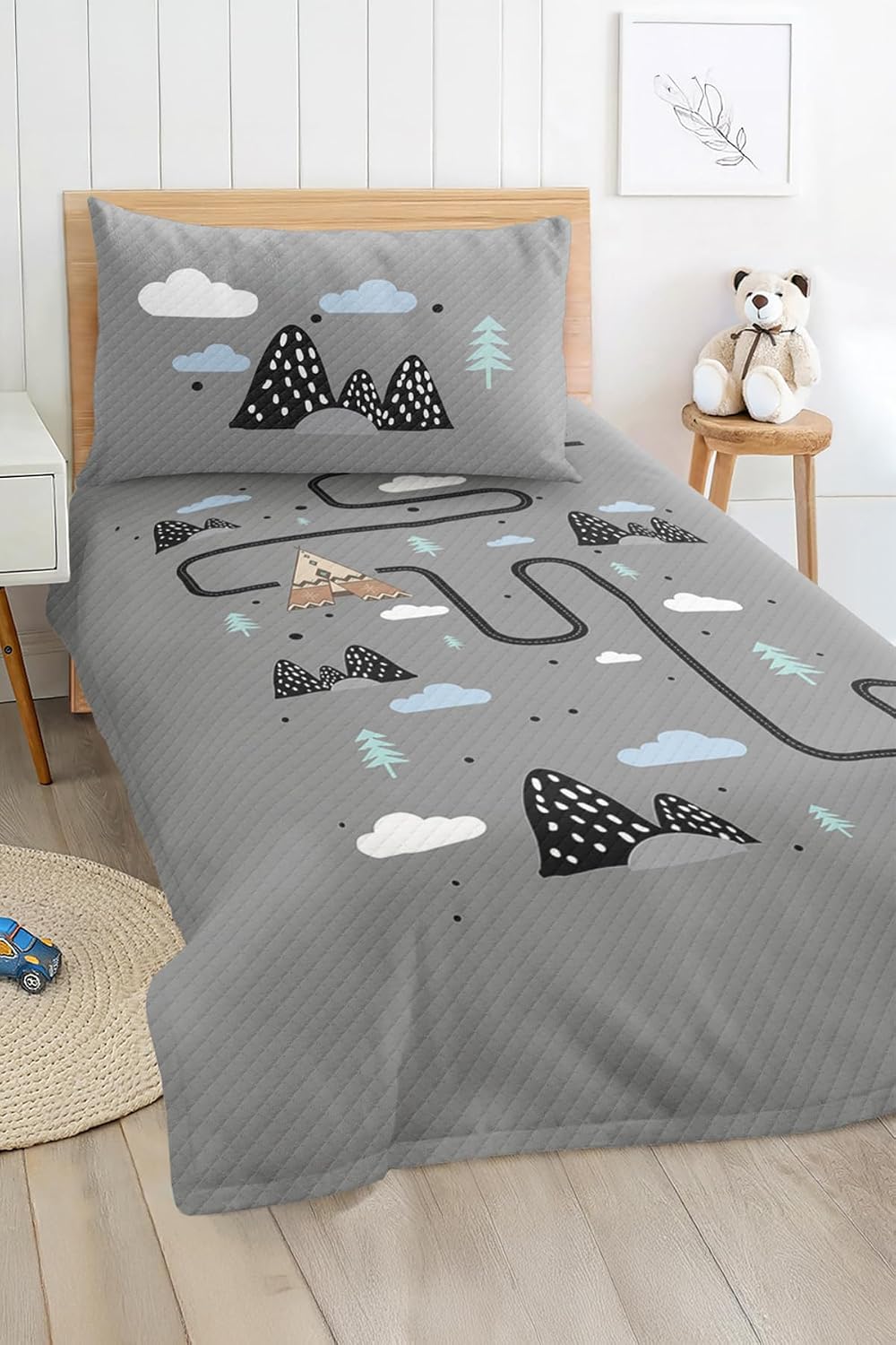 SODEF Bedding Set Twin Size Road Vehicle Pattern for Kids Boys Room, Lightweight Quilt Set with Pillow Sham, Soft Cotton Polyester Blend, Multicolor - Multicolor, One Size