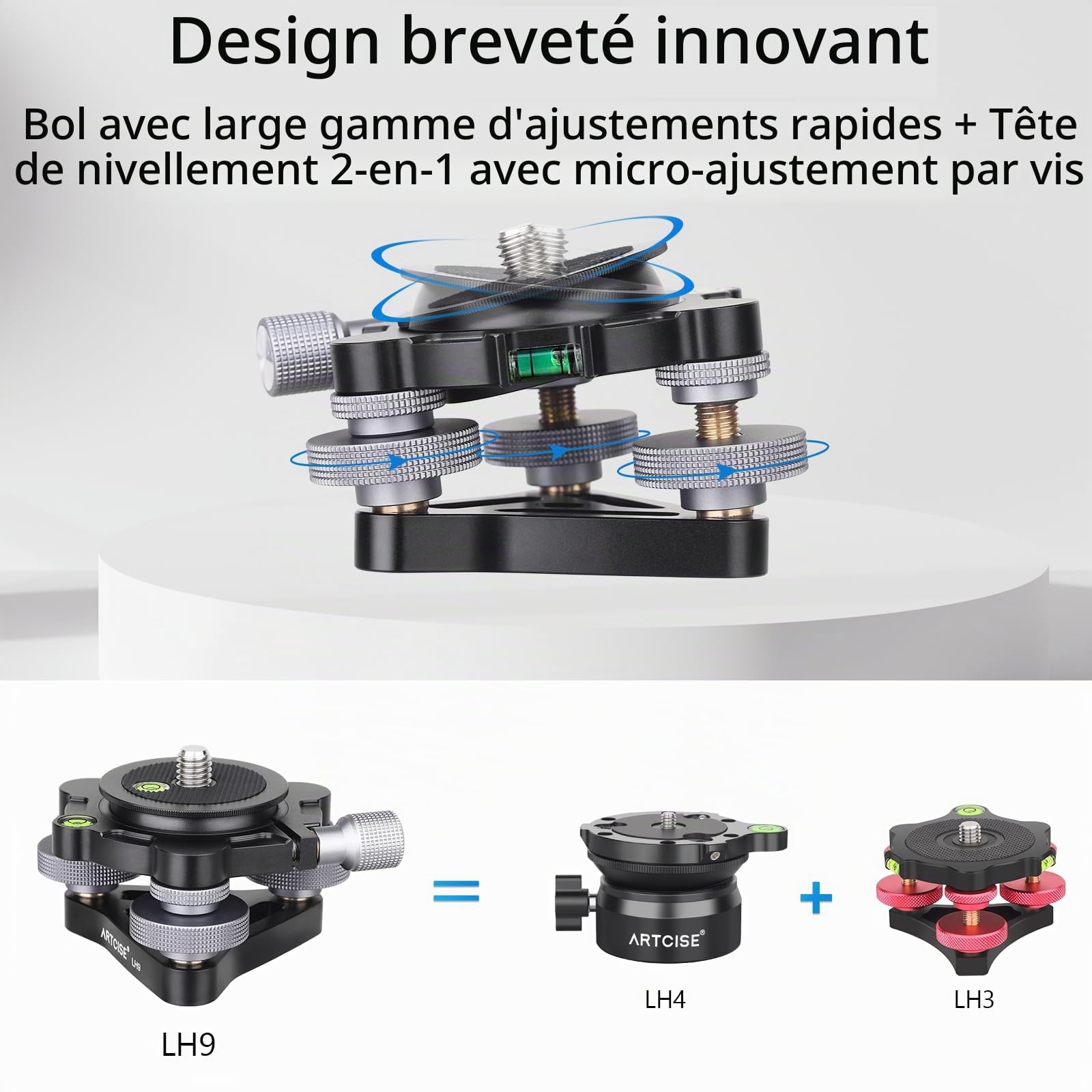 Base de nivellement pour trépied ARTCISE Diamètre∅70mm, tête de nivellement avec Inclinaison -15°/15°, avec 3 Niveaux à Bulle et 3 Roues -5°/5° pour réglage de précision, Charge maximale 10KG