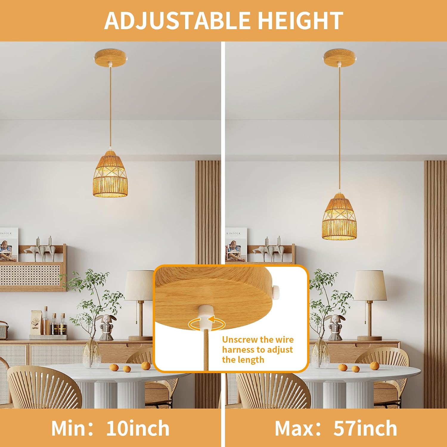 Boho Rattan Pendant Light Kitchen Island,Farmhouse Chandeliers Adjustable Height Hanging lamp for Dining Room,Small Kitchen Ceiling Lights Fixtures with Hand Woven Wicker Lampshade Lighting