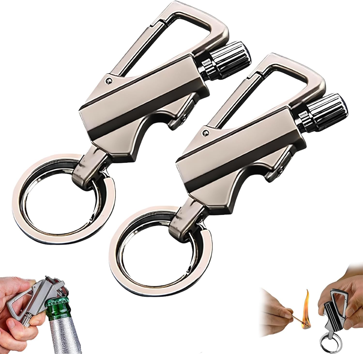 Permanent Match Infinity Lighter, 3-in-1 Keychain Waterproof Windproof Reusable Flint Fire Starter, Strike Anywhere for Camping Hiking Survival Outdoor (2pcs-Silver)