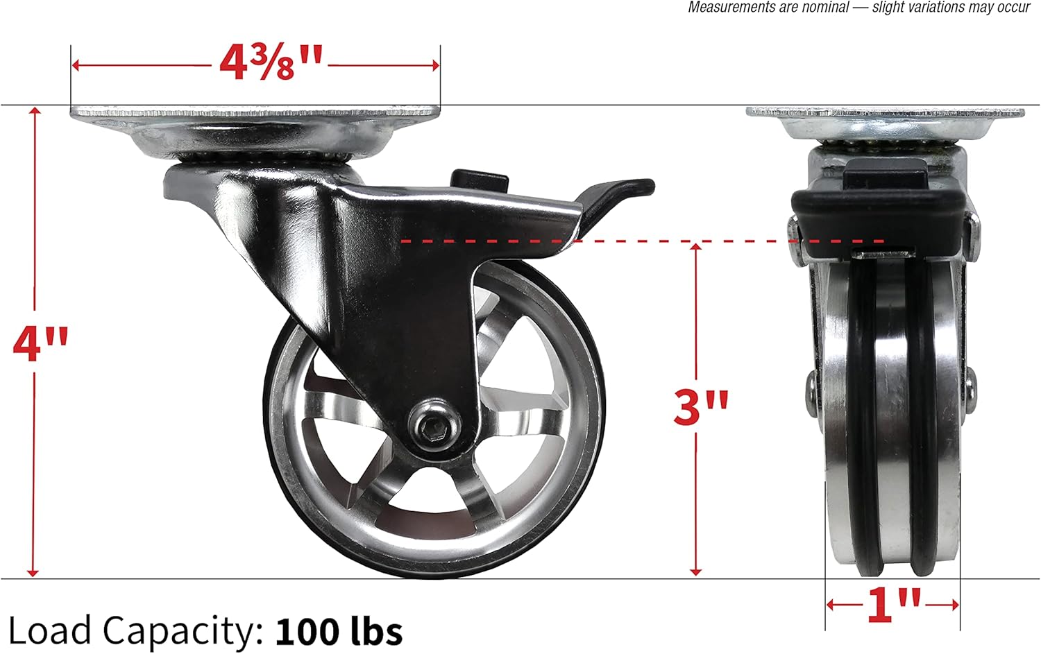 8295E Designer Casters 3 inch Machined Aluminum Mag Designer Caster, 4 Pack