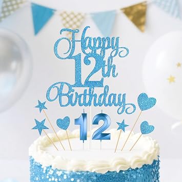 Blue Happy 12th Birthday Cake Decorations, Glitter 12th Birthday Cake Toppers Set and Numeral 12 Candles for Birthday Party Supplies, Heart Star Cupcake Decorations