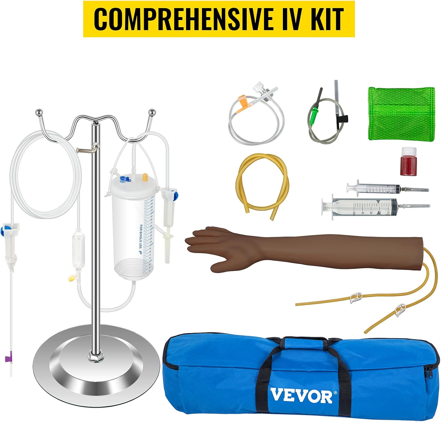 VEVOR IV Practice Kit Phlebotomy Practice Kit with Dark Skin, Venipuncture Practice Kit Skills Learning Model Arm Kit with Height Adjustable Infusion Stand for Students, Nurse
