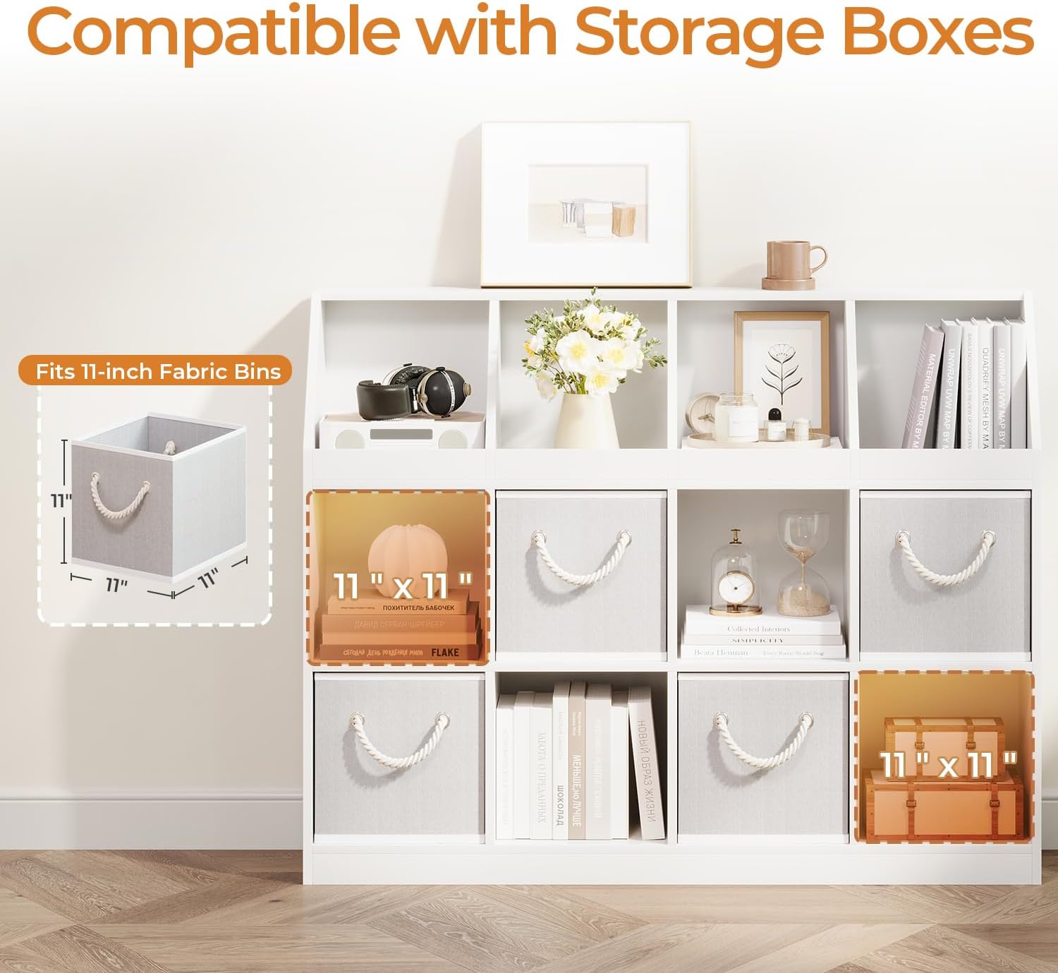 6-Cube Wooden Storage Bookcase - 11-Inch Open Shelf Cabinet, Simple Modern Bookshelf Organizer for Home Office, Living Room, White