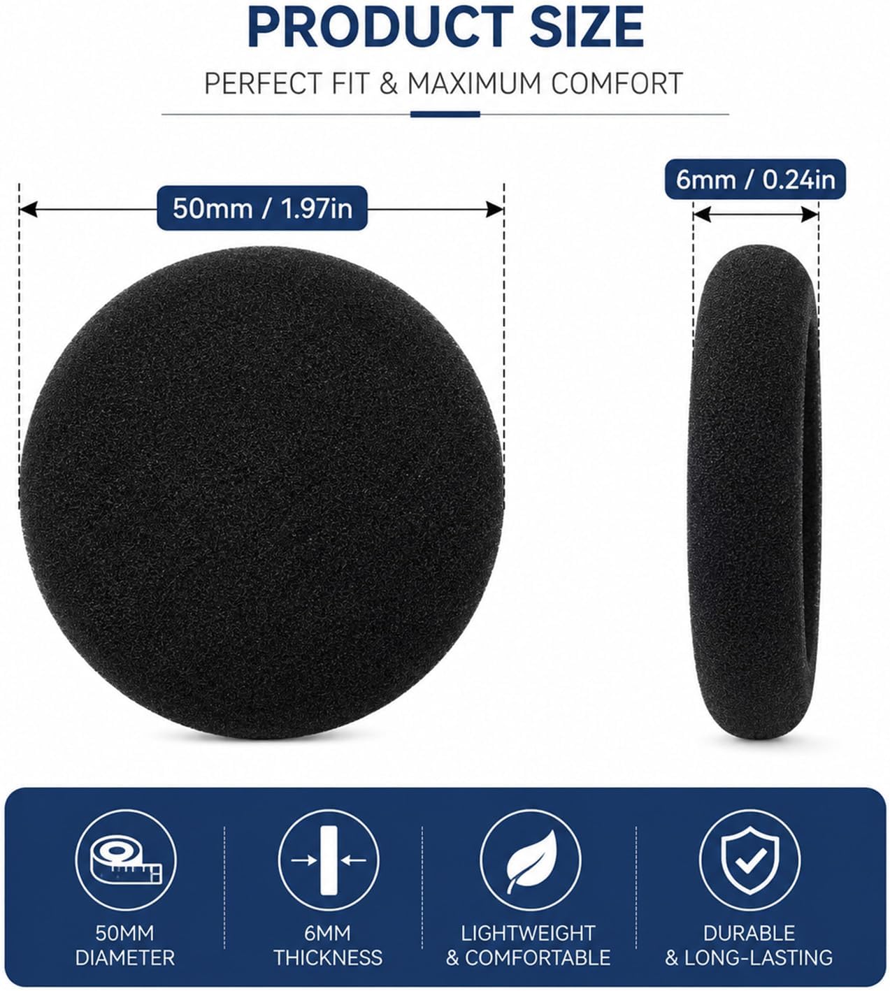 10 Pack (5 Pairs) Ultra Soft Foam Ear Cushions - Universal Replacement Earpad Covers for Office Telephone Headsets, PC Headphones & Call Center Earphones - Breathable Sponge, Black (50mm) image 4