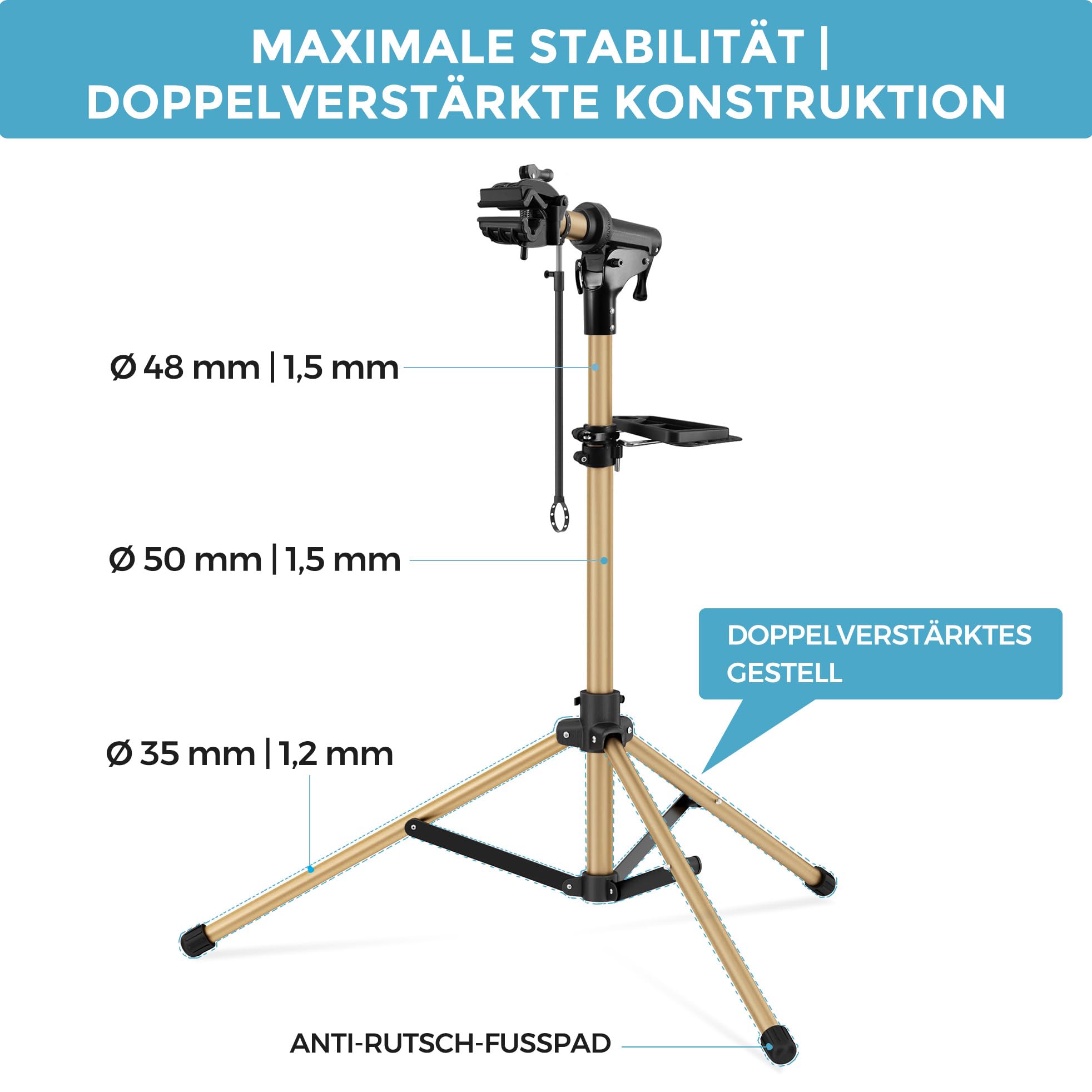3-Bein Fahrrad Reparatur- & Montageständer Aluminium, Vollständig Zusammenklappbar, Doppelsicherheitsverschluss, Platzsparend, Ultraleicht, Großflächige Magnetische Werkzeugablage
