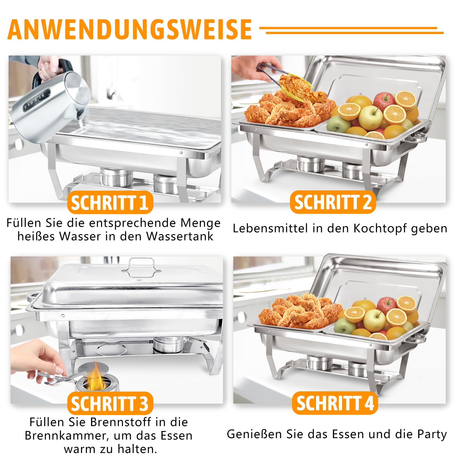 Chafing Dish Profi Set, 4 Stück, 8 x GN 1/2 | Mit halbgroßen Lebensmittelbehältern, Wärmebehälter für Catering, Für Buffet und Hochzeitsfeste, Speisenwärmer Set