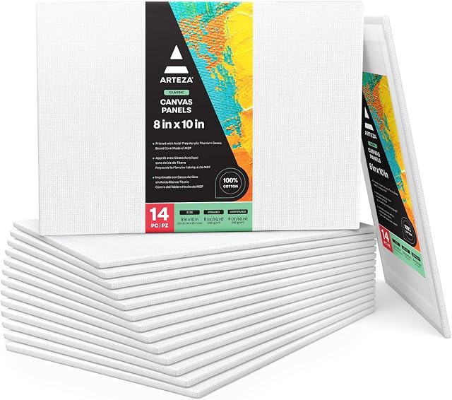 Arteza 20 x 25 cm (8"x10") Blank Canvas Board Panels, Bulk Pack of 14, Primed, 100% Cotton for Acrylic Painting, Oil Paint & Wet Art Media, Canvases for Artist, Hobby Painters & Beginners