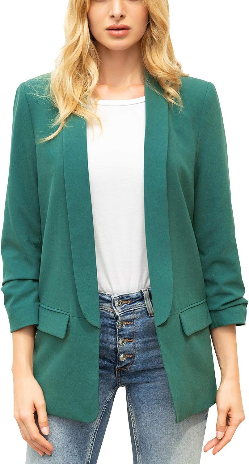 Zevrez Women's Work Jacket 3/4 Ruched Sleeve Open Front Casual Office Blazer(Emerald,S)