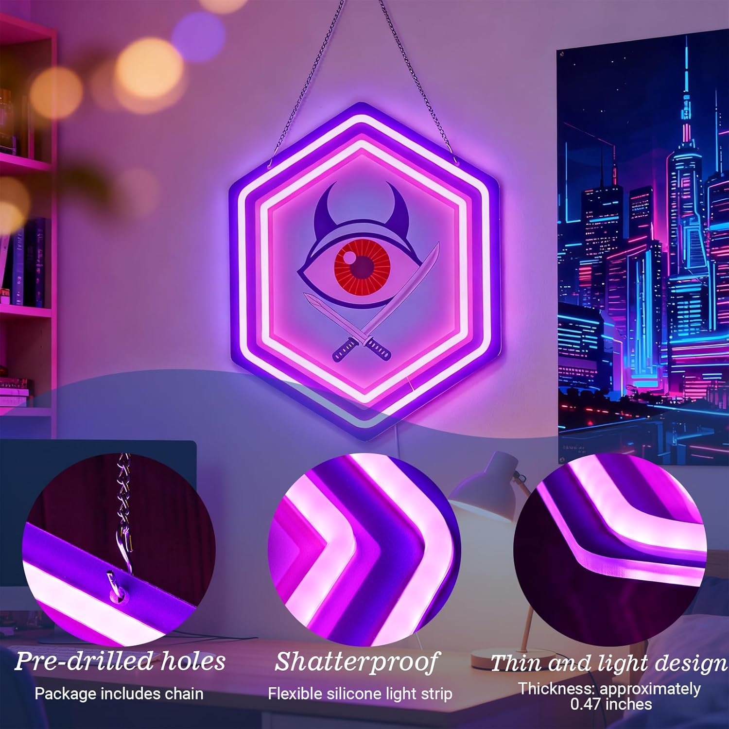 Demon Hunters Movie Neon Sign - Purple Pink Diamond Dagger Eye Wall Light, Brithday Decorations, Dimmable, USB Powered Gaming Room Decor for Bedroom
