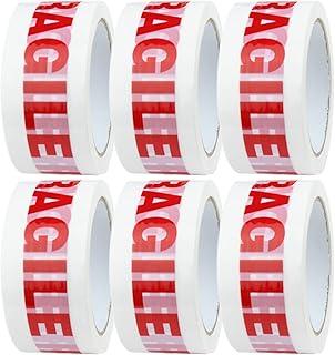 Fragile Tape | 6 x Low Noise Fragile Packing Tape | 48mm x 66m Fragile Tape Rolls | Packing Tape Strong for Moving House, Packing Parcels, Cardboard Boxes & Cartons | by Crimson Starfish