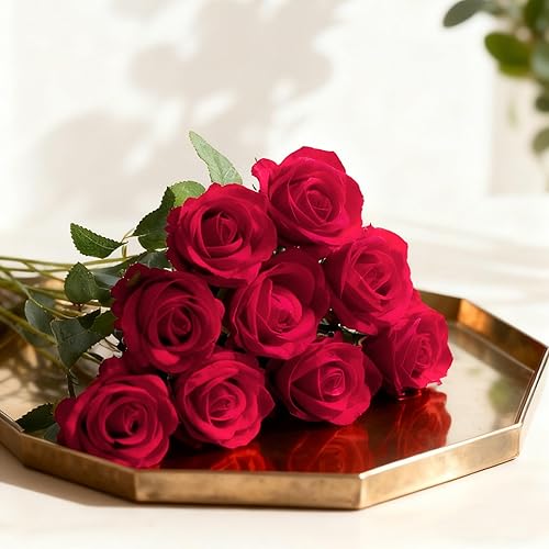 Miniatura 2 de 100 rosas artificiales rojas a granel, ramo de rosas artificiales de seda de terciopelo con tallos para decoración de bodas, flores falsas en