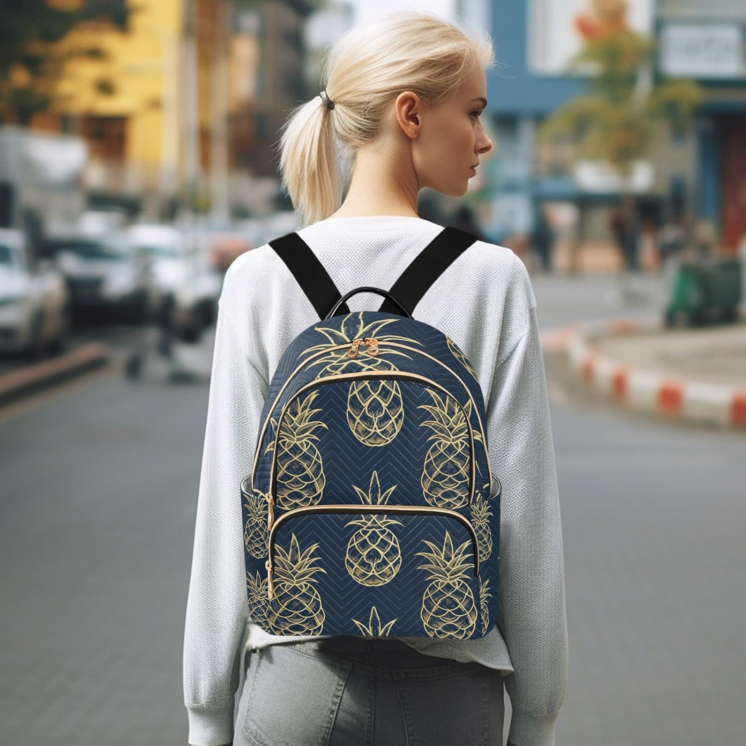 ALAZA Gold Pineapple on Blue Small Backpack Purse for Women Travel Bag Lightweight Shoulder Bag Fashion Daypack