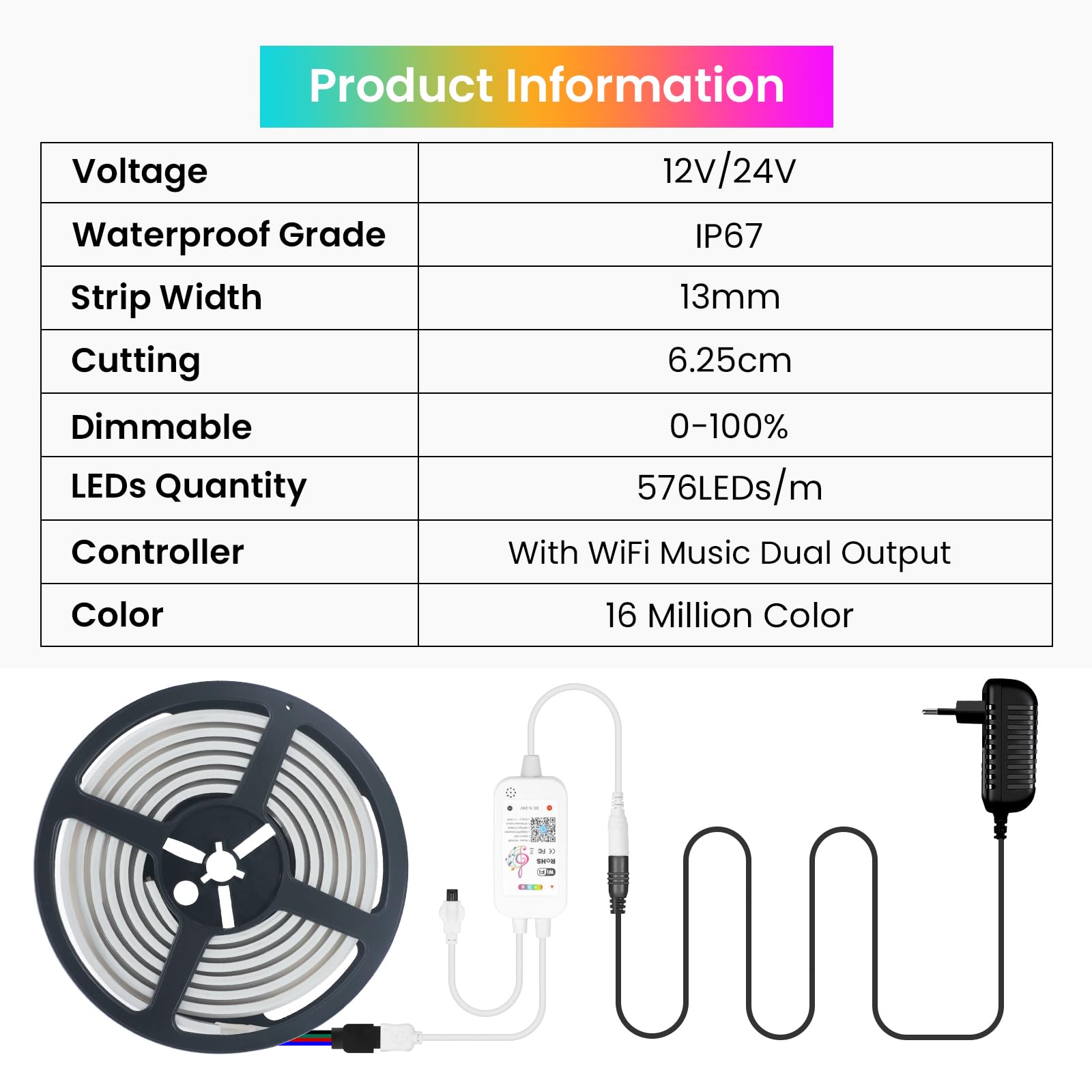 KISUFU Tira LED COB RGB 12V, 576 LEDs/m IP65 impermeable Flexible multicolor Neon de luces led con Controlador IR RGB 24 teclas para música WIFI para Gabinete, Dormitorio, Armario.