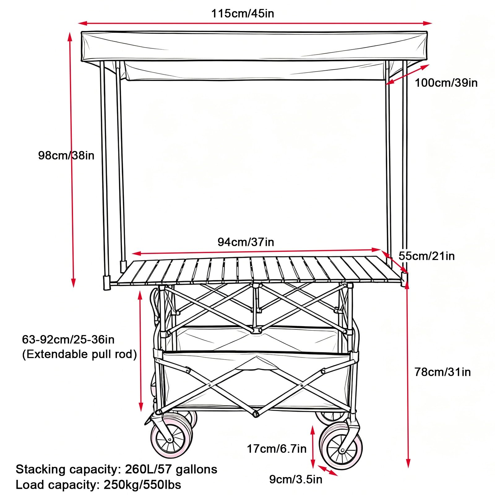Marktstand Verkaufsstand, Faltbarer Imbisswagen mit Sonnendach, Griff und Rädern für Outdoor-Veranstaltungen, Streetfood und Märkte(Pink,94cm/37in)