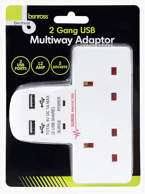 Benross 45600 Standard 2 Way Wall Adaptor Socket / Includes 2 USB Slots / Surge Protected / 1 Amp USB Charging Current / Compact & Lightweight Design / UK Plug Sockets