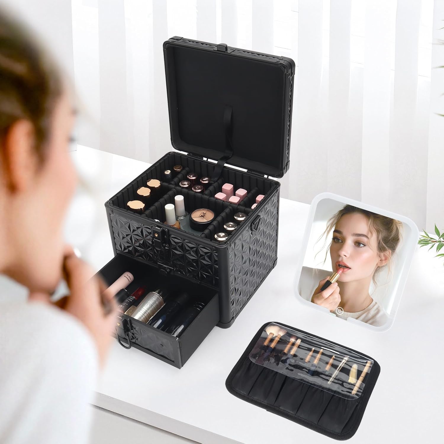 Makeup Case with Drawer, Travel Makeup Train Case with Magnetic LED Mirror, Cosmetic Organizer with Adjustable Divider - Sparkling Black
