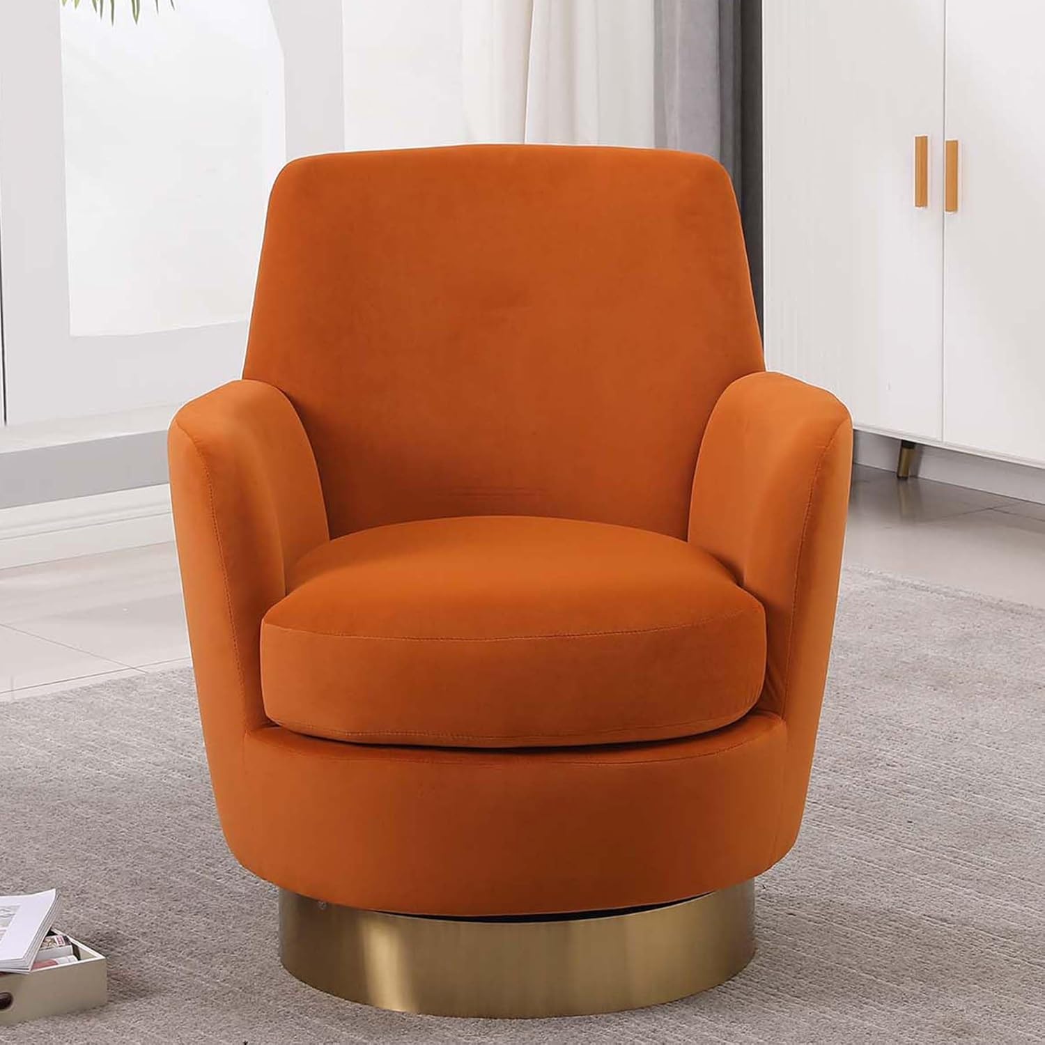 Velvet Swivel Accent Chairs for Living Room,Comfy Swivel Barrel Chair with Foam Cushion, Round Swivel Chair & Boucle Swivel Chair with High Back, Round Armrest, Gold Base (Orange 2)