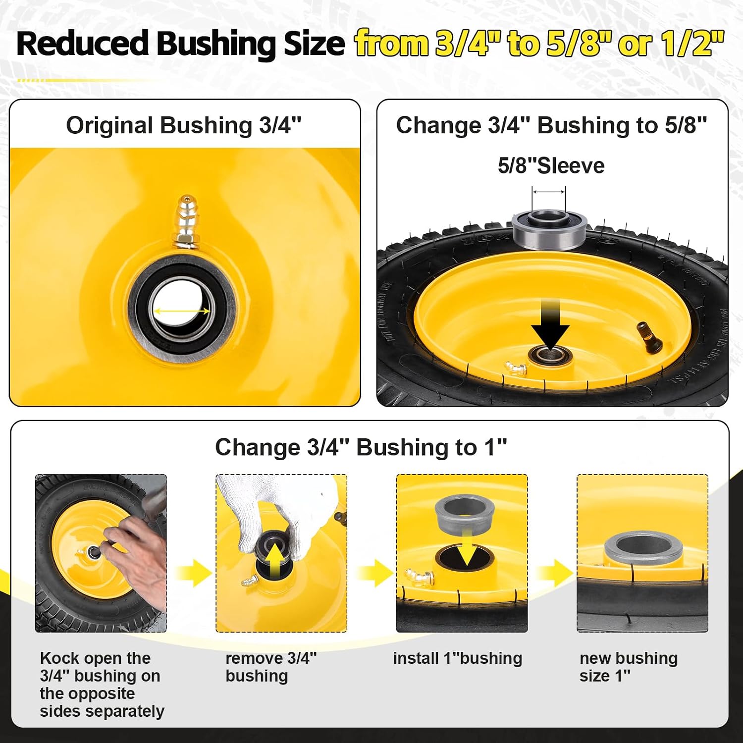 16x6.50-8 Tubeless Tire and Wheel, 16x6.5-8 Lawn Mower Tires with 3" Offset Hub and 3/4" & 5/8" Precision Bearings & 1" Bushings, Replacement for Riding Mower and Garden Tractor Front Wheel