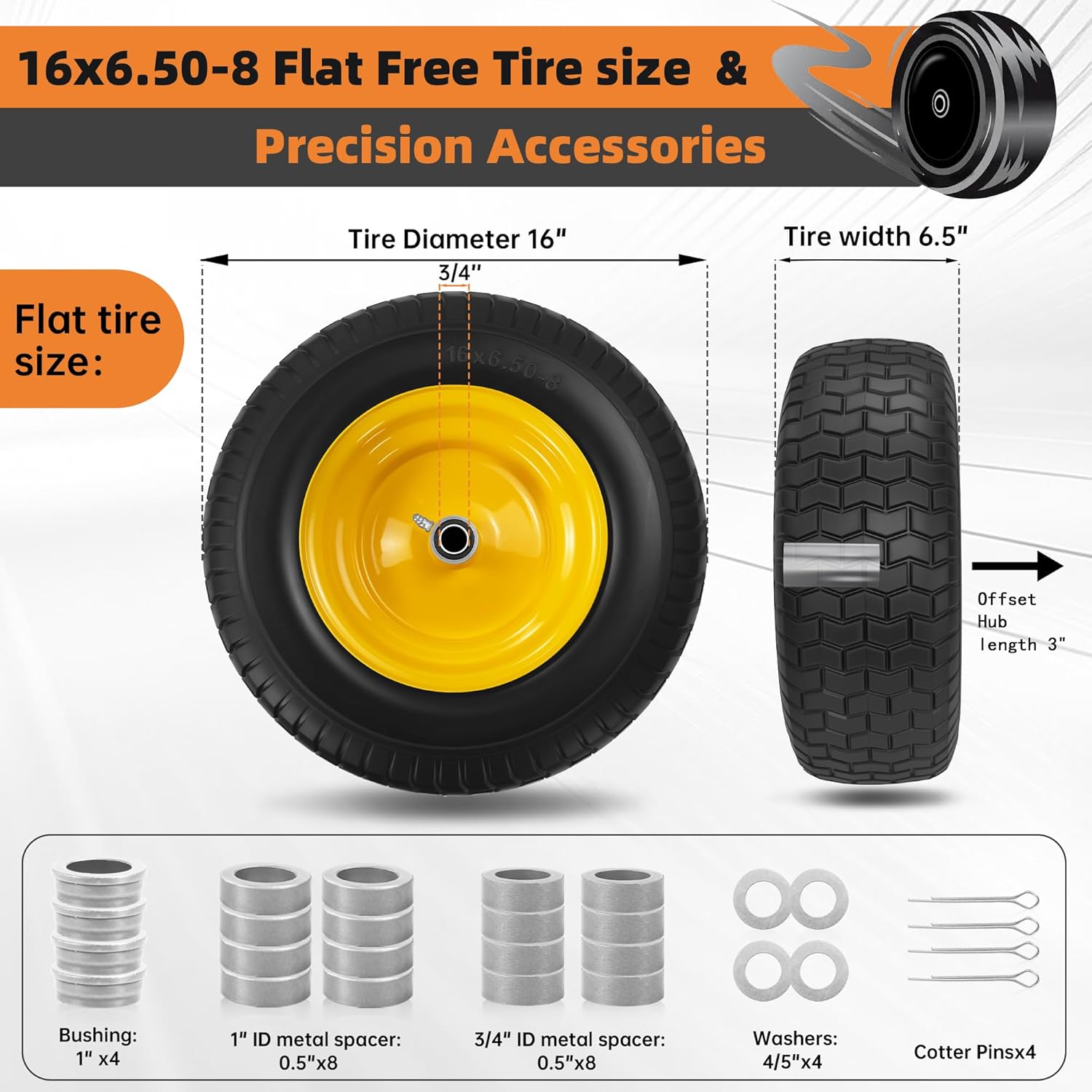 2PC 16x6.50-8 Flat Free Tire and Wheel,1" Bushing & Extra 3/4" Bearings,3" Offset Hub, Solid Riding lRLawn Mower Tires, 550lbs Load Capacity, Fit for Lawn Mowers, Riding Mowers and Lawn Tractors. Flat Free Tires