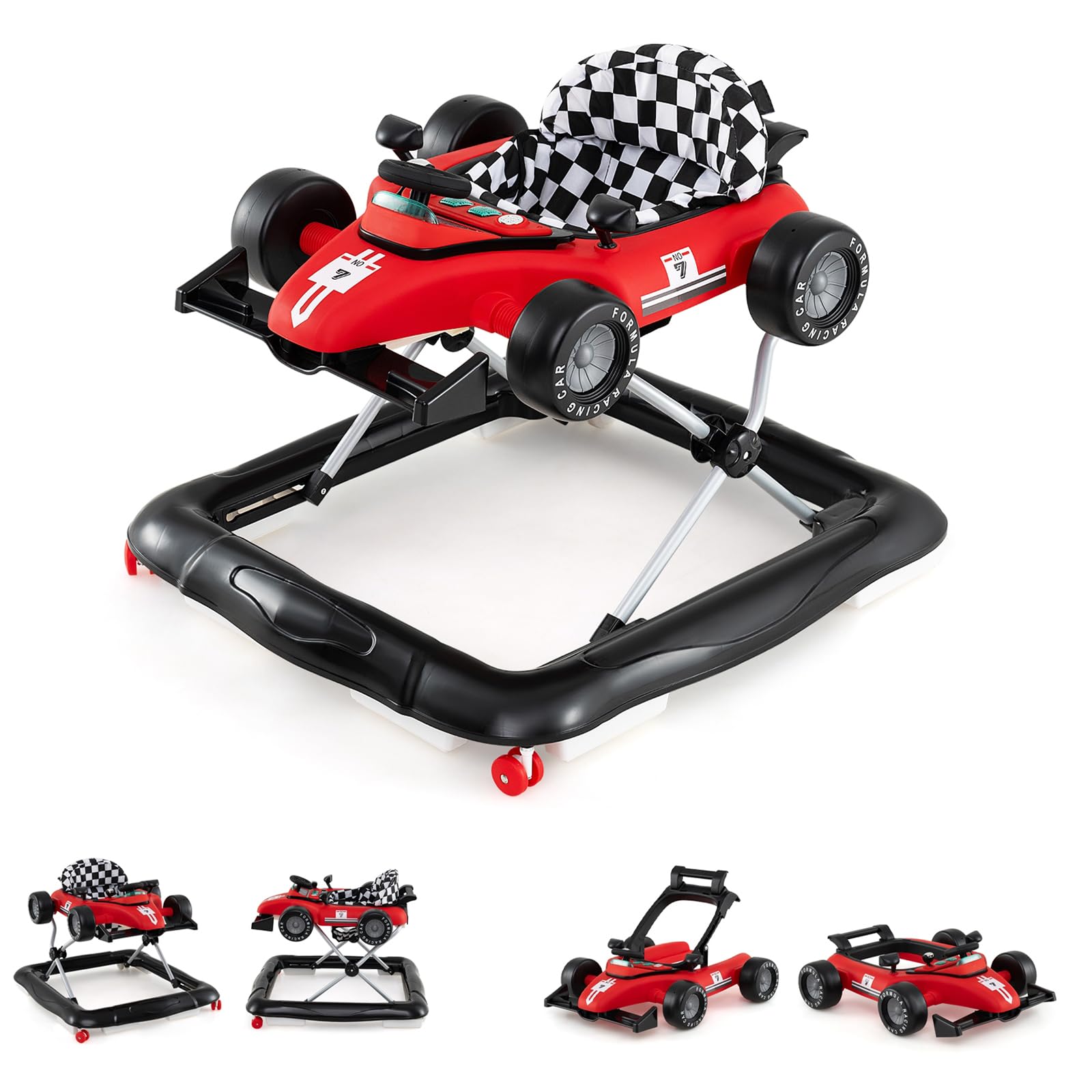LIFEZEAL 4 en 1 Trotteur Bébé Evolutif avec 3 Hauteurs Réglables, Chariot de Marche Pliable avec Roues Universelles, Musique, Lumières, Trotteur d'Activité pour Garçon Fille 6-18 Mois, Charge 12 kg