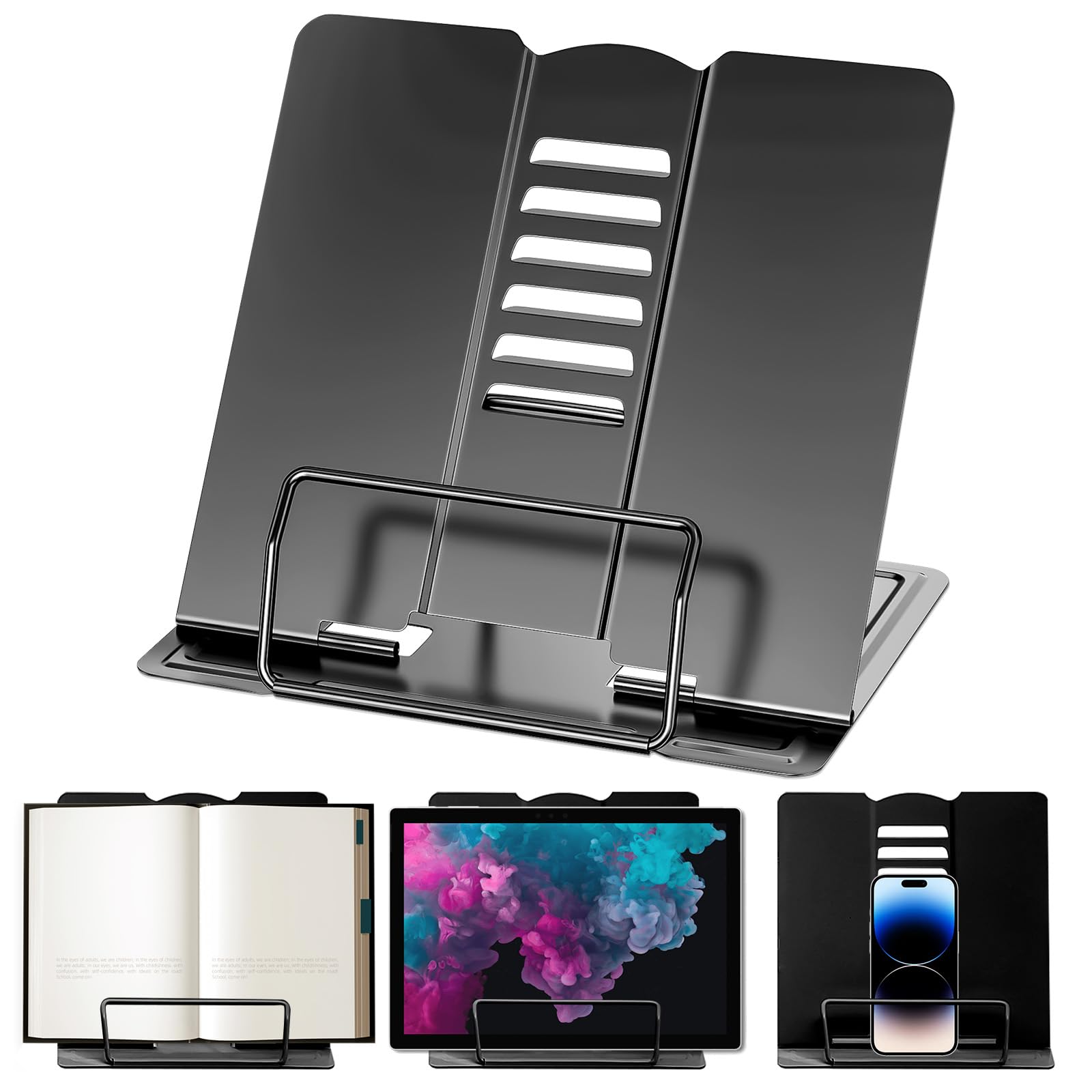 Negra Atril para Libros, Atril Metálico para Libros con 6 Alturas, Ajustable para Libros de Metal, Soporte Libro para Leer, para Aprender Lectura, Tableta Música