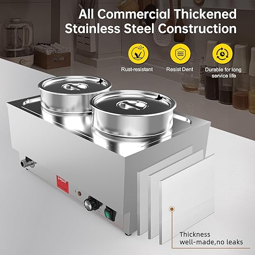 Miniatura 5 de Valgus Calentador de alimentos comercial de acero inoxidable Bain Marie, 2 ollas redondas, calentador de sopa eléctrico con tapa y grifo para el