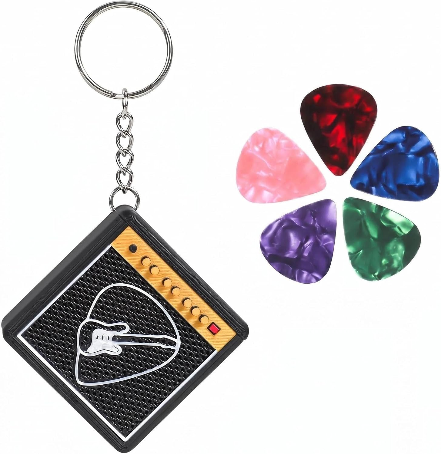 Guitar Picks Holder Box with Guitar Keychain, Amp Speaker Styled Pick Holder with 5 Celluloid Guitar Picks, Guitar Pick Storage Box Set for Guitar Players and Music Enthusiasts