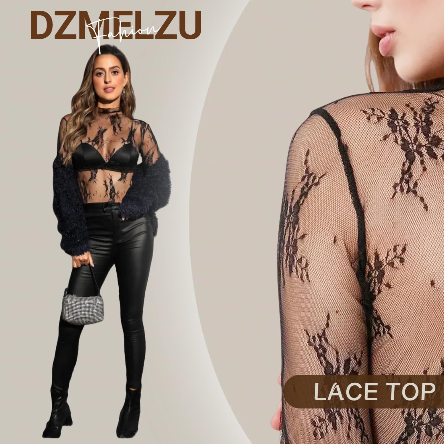 Floral Mesh Long Sleeve Tops for Women Sheer Lace Tops Mock Neck Sexy Going Out Tops for Casual Spring Outfits - Image 3