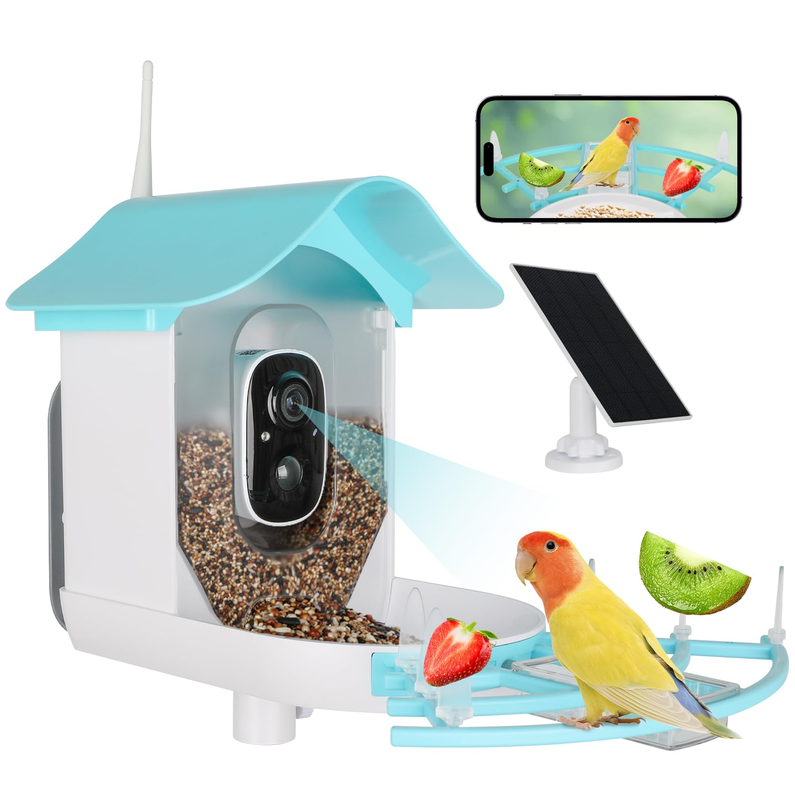 Vogelfutterstation mit Kamera, AI Identifizieren Sie Vogelarten, Smart Bird Feeder mit Kamera Solarbetrieben, Auto 2K HD Video im Hinterhof, Ideales Geschenk für Familie und Vogelliebhaber