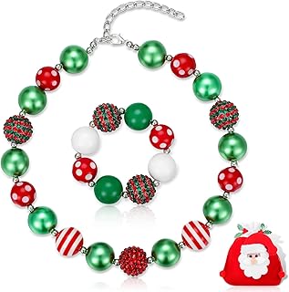 Yinkin Christmas Bubblegum Chunky Bead Necklace Bracelet Set with Cute Santa Claus Xmas 3D Design Fabric Gift Bags for Kids Toddler Little Girls Jewelry Costume Play(Santa)