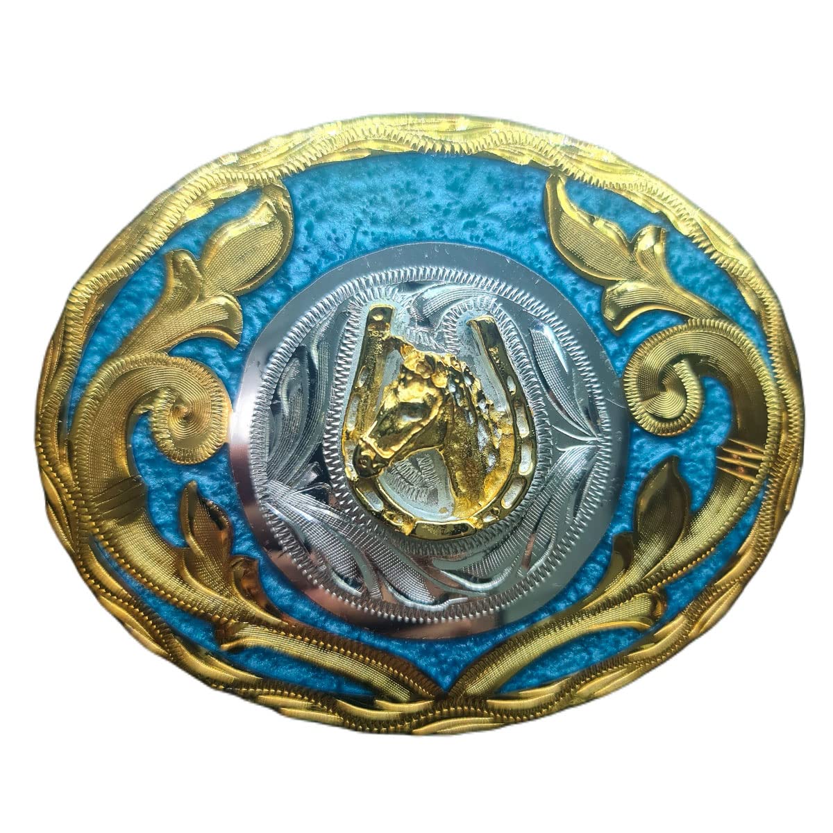 Western Buckles Oval Horse Horseshoe Model 3 with 24K Gold Plated, .925 Silver Plated and Blue Resin